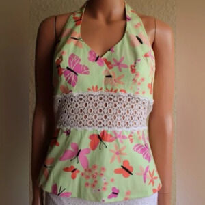 VINTAGE LILLY PULITZER CABANA HALTER LACE INSET BUTTERFLY TOP
